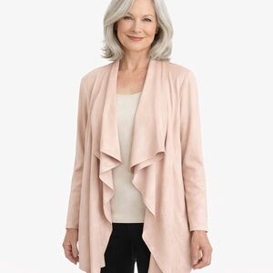 MELANIE LYNE Pale Pink Waterfall Front Faux Suede Long Line Jacket / Cardigan 12